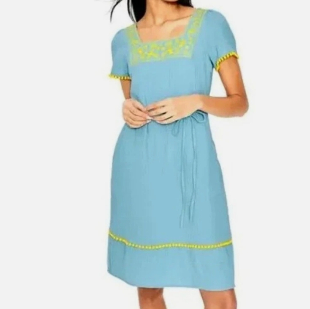 Boden Bernadette Embroidered Dress Heron Blue Yellow Square Neck Size 6
